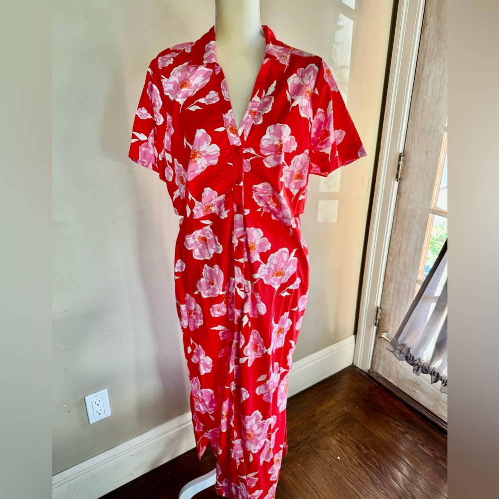 Old Navy Pink Floral with Cutouts Midi Shirt Dress Sz XL - Picture 4 of 12
